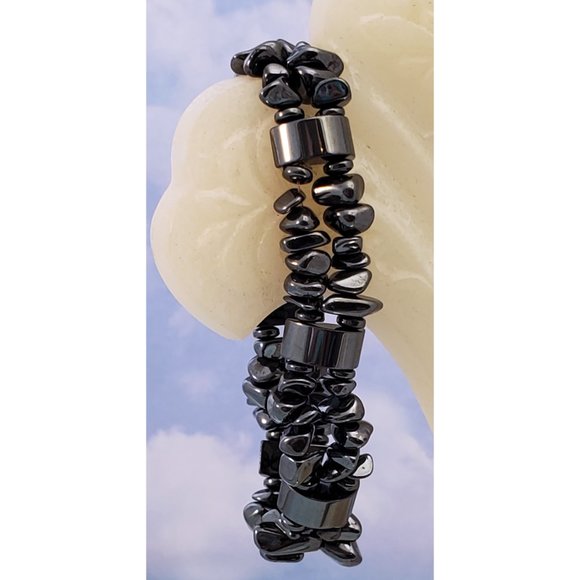 Hematite chip stretch bracelet 2 row with hematite spacers - Picture 1 of 5